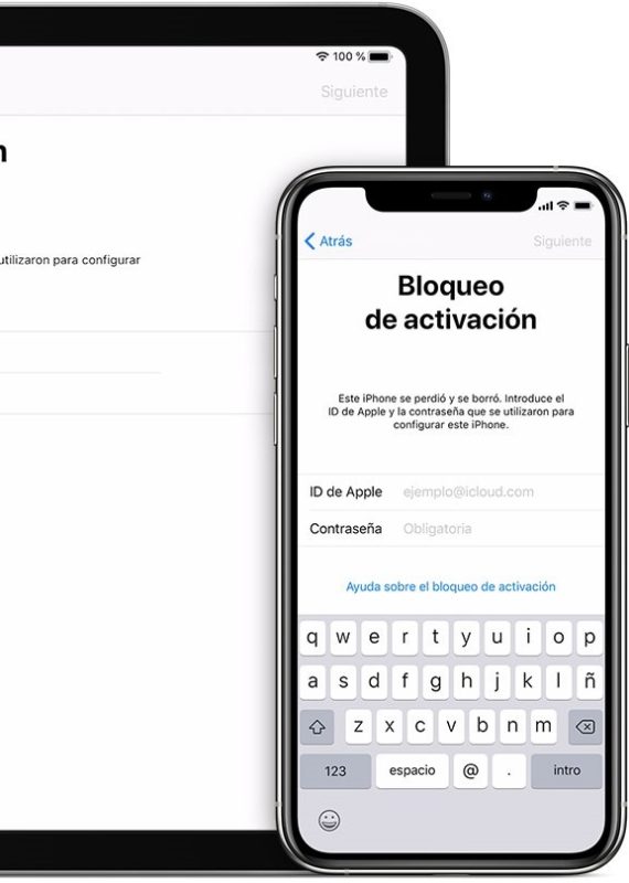 Pantalla-de-Bloqueo Pantalla de un iPhone mostrando el mensaje "Bloqueo de activación" en español, solicitando el ID de Apple y la contraseña originales para activar el dispositivo perdido y borrado. Un teclado en español es visible en la parte inferior.